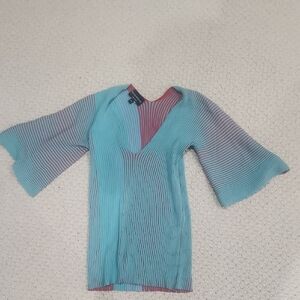 Emporio Armani Turquoise, Red, and Lavender Fitted and Ribbed Blouse